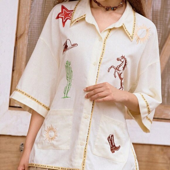 White Casual Women's Western Embroidered detailed belted button down top - Picture 4 of 8